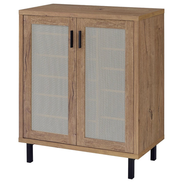 English Elm Stagg Oak Finish Shoe Cabinet with Cane Doors and Black Metal Legs for Entryway B062P451792