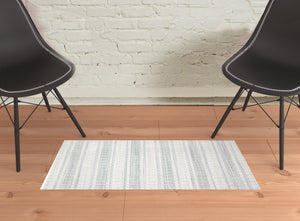 Homeroots 2' X 3' Ivory And Blue Striped Hand Woven Area Rug Ivory,Blue Viscose 511454