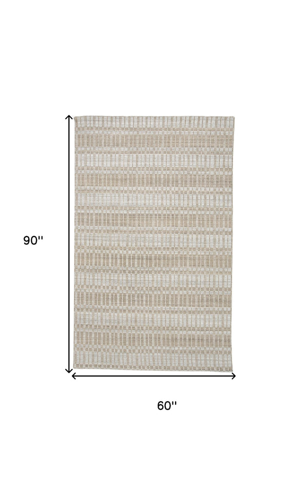 Homeroots 5' X 8' Tan Gray And Silver Striped Hand Woven Area Rug Tan,Gray,Silver Viscose 511456