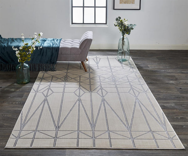 HomeRoots 5' Contemporary Stain-Resistant Geometric Area Rug in White, Silver, and Gray for Modern Spaces 9' X 12' 511478