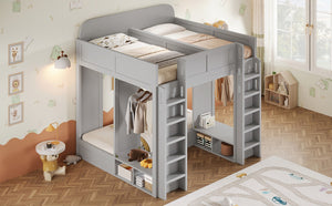 English Elm Triple Bunk Bed Wood Frame with Built in Shelves Hooks for Shared Kids Rooms Gray N7090004027E