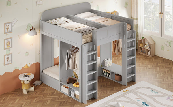 English Elm Triple Bunk Bed Wood Frame with Built in Shelves Hooks for Shared Kids Rooms Gray N7090004027E