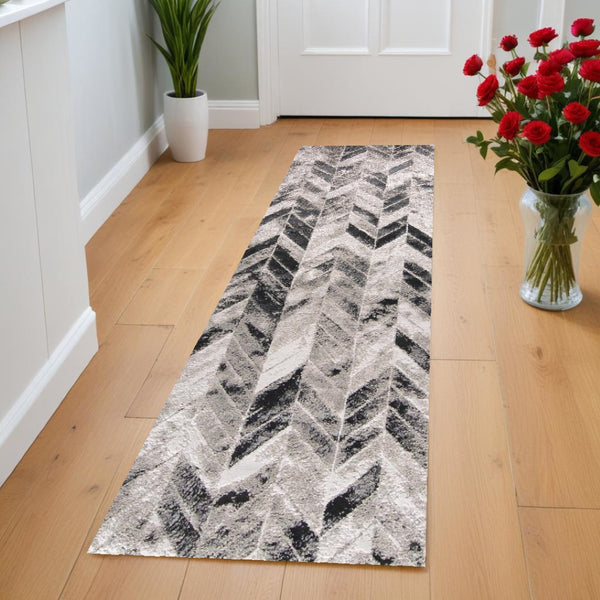 HomeRoots 4' Gray and Black Chevron Area Rug - Modern, Durable Design for Living Rooms and Cozy Spaces 8' Runner 511513