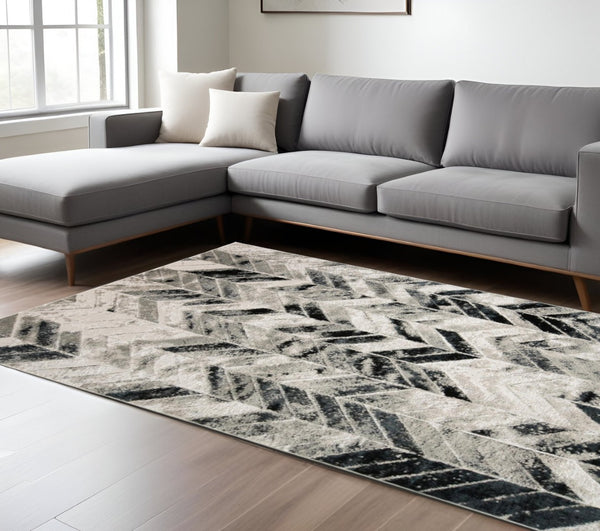 HomeRoots 4' Gray and Black Chevron Area Rug - Modern, Durable Design for Living Rooms and Cozy Spaces 12' X 15' 511514