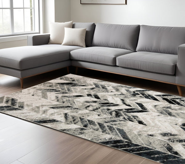 HomeRoots 4' Gray and Black Chevron Area Rug - Modern, Durable Design for Living Rooms and Cozy Spaces 12' X 18' 511515