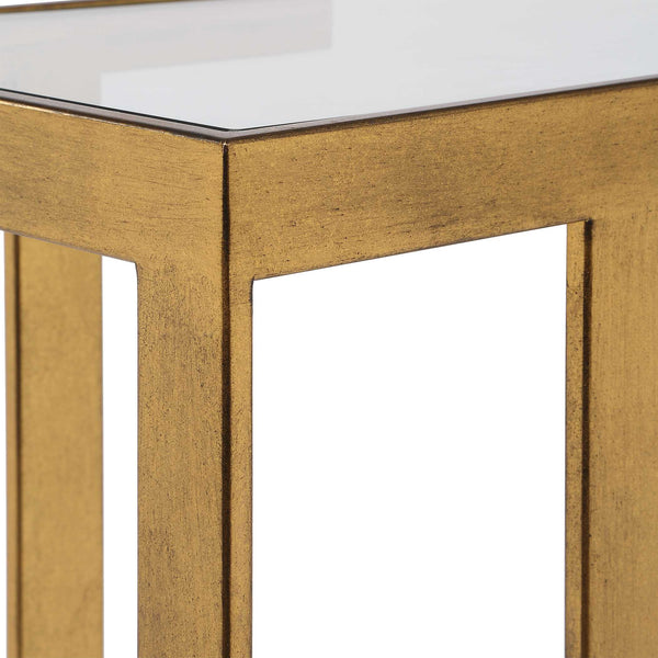 Uttermost Kendrick Gold Leaf Metal Frame Glass Top Console for Entryway Glam Decor