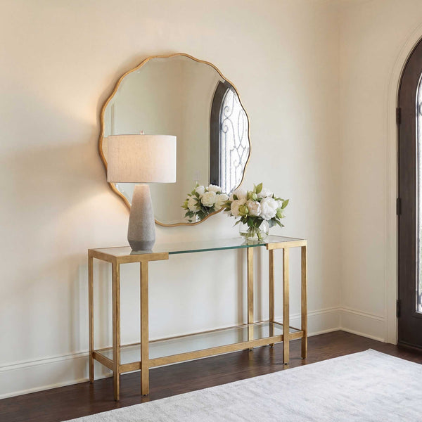Uttermost Kendrick Gold Leaf Metal Frame Glass Top Console for Entryway Glam Decor