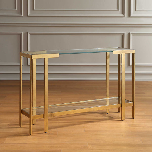 Uttermost Kendrick Gold Leaf Metal Frame Glass Top Console for Entryway Glam Decor
