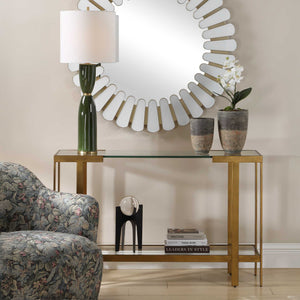 Uttermost Kendrick Gold Leaf Metal Frame Glass Top Console for Entryway Glam Decor