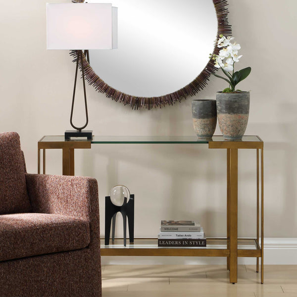 Uttermost Kendrick Gold Leaf Metal Frame Glass Top Console for Entryway Glam Decor