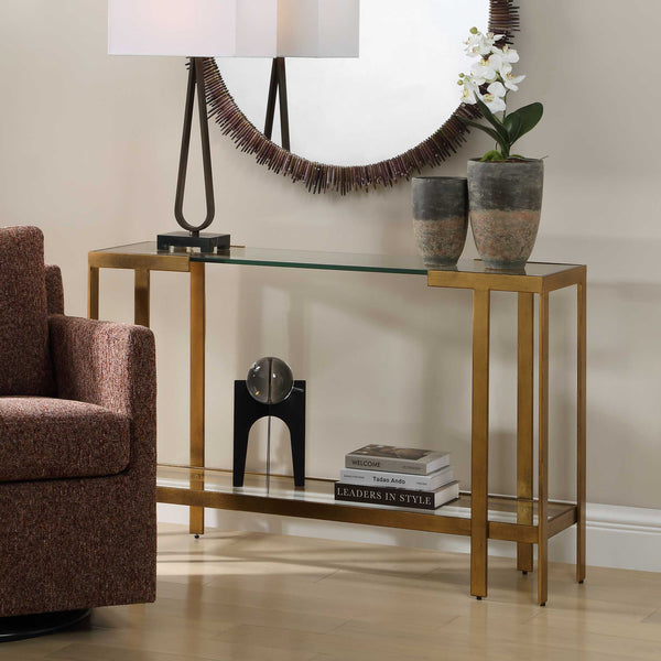Uttermost Kendrick Gold Leaf Metal Frame Glass Top Console for Entryway Glam Decor