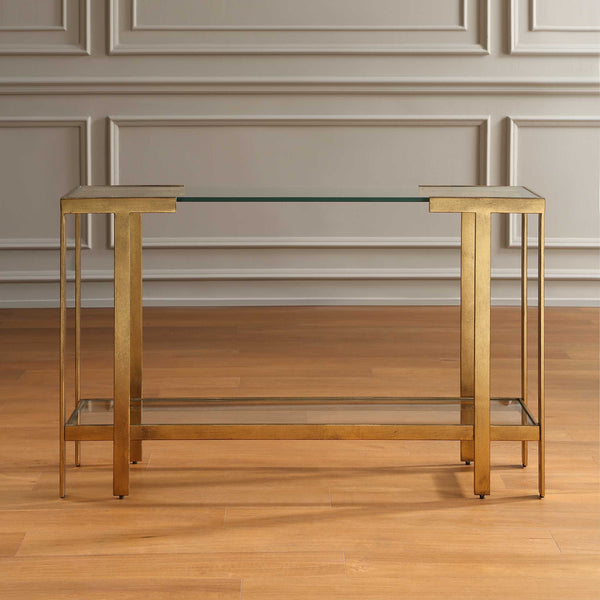 Uttermost Kendrick Gold Leaf Metal Frame Glass Top Console for Entryway Glam Decor