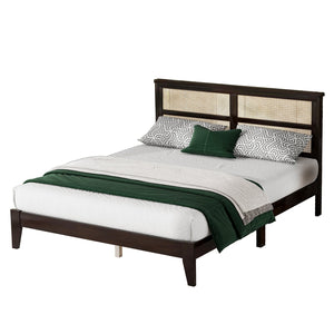 English Elm Queen Rubberwood Bed with PE Rattan Headboard, Espresso Finish, Solid Frame, 14 Slats, 300lb Capacity W504P252031
