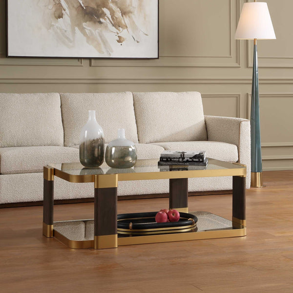 Uttermost Ryles Tempered Glass Coffee Table with Walnut Legs and Gold Iron Accents