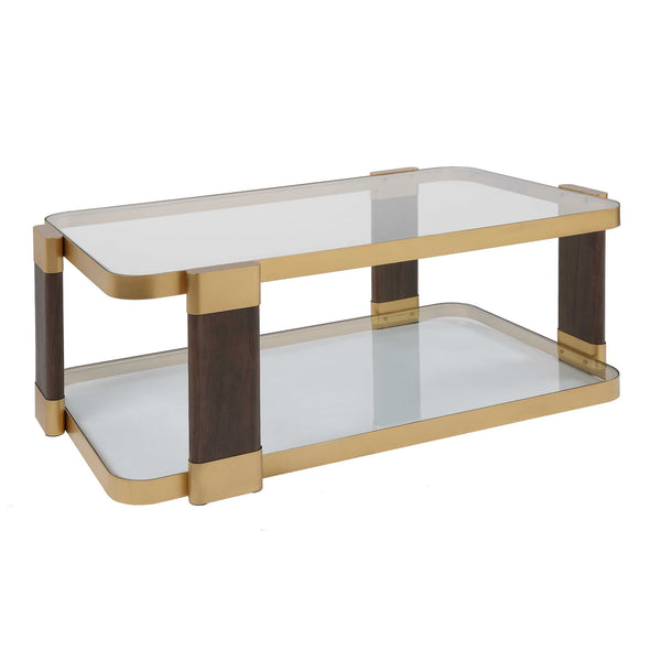 Uttermost Ryles Tempered Glass Coffee Table with Walnut Legs and Gold Iron Accents