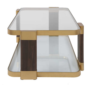 Uttermost Ryles Tempered Glass Coffee Table with Walnut Legs and Gold Iron Accents