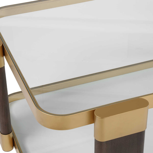 Uttermost Ryles Tempered Glass Coffee Table with Walnut Legs and Gold Iron Accents