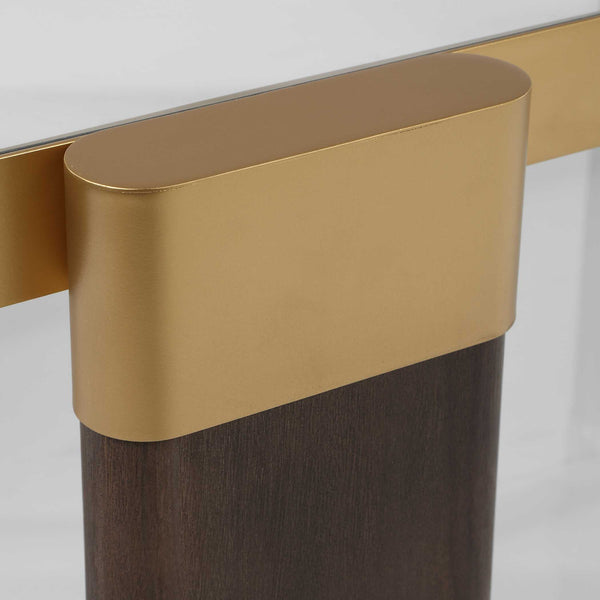 Uttermost Ryles Tempered Glass Coffee Table with Walnut Legs and Gold Iron Accents