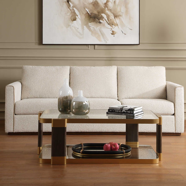 Uttermost Ryles Tempered Glass Coffee Table with Walnut Legs and Gold Iron Accents