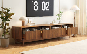 English Elm 78inch TV Stand Walnut for up to 85" TVs — Fluted Glass Drawers, Cable Management, Solid-Wood Legs PMID N710P362197P