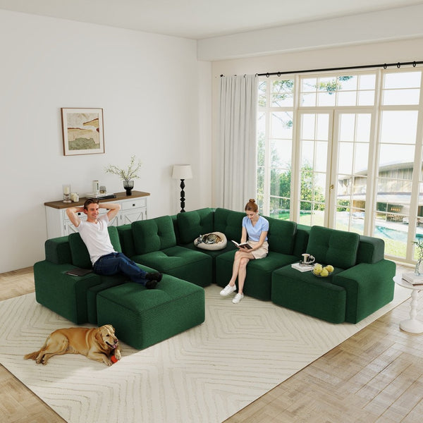 English Elm Modular Corduroy Sectional Sofa V Shaped 5 Seat Living Room Couch with Ottoman Green W714S01583