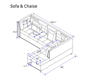English Elm 104.5" Upholstered Sofa Chaise & Ottoman Gray - Coin-Spring Cushions, Storage Ottoman, Solid Wood Frame W2297S00018