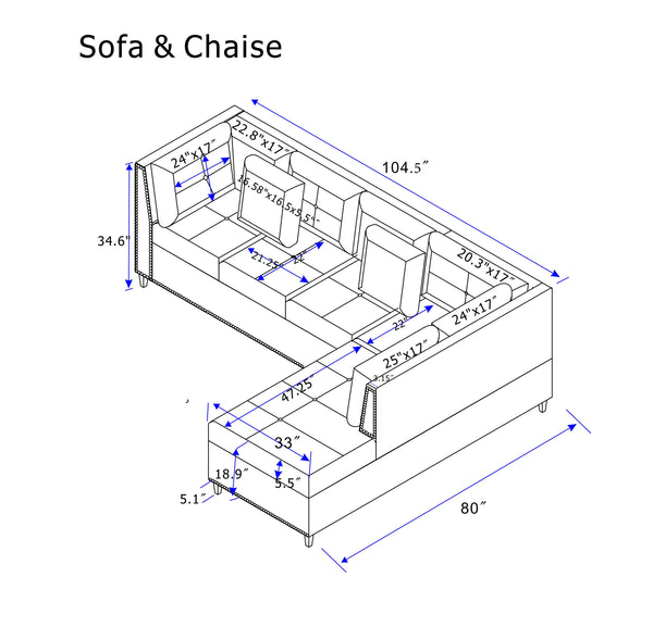 English Elm 104.5" Upholstered Sofa Chaise & Ottoman Gray - Coin-Spring Cushions, Storage Ottoman, Solid Wood Frame W2297S00018
