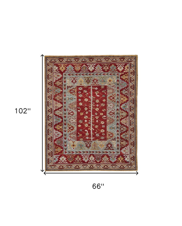 HomeRoots 5' Hand-Knotted Wool Floral Area Rug - Distressed Vintage Design, Stain-Resistant, Perfect for Any Room 5' X 8' 511605