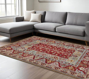 HomeRoots 5' Hand-Knotted Wool Floral Area Rug - Distressed Vintage Design, Stain-Resistant, Perfect for Any Room 5' X 8' 511605