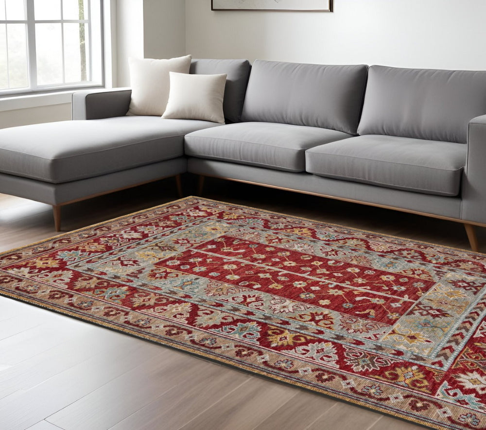 HomeRoots 5' Hand-Knotted Wool Floral Area Rug - Distressed Vintage Design, Stain-Resistant, Perfect for Any Room 8' X 10' 511606