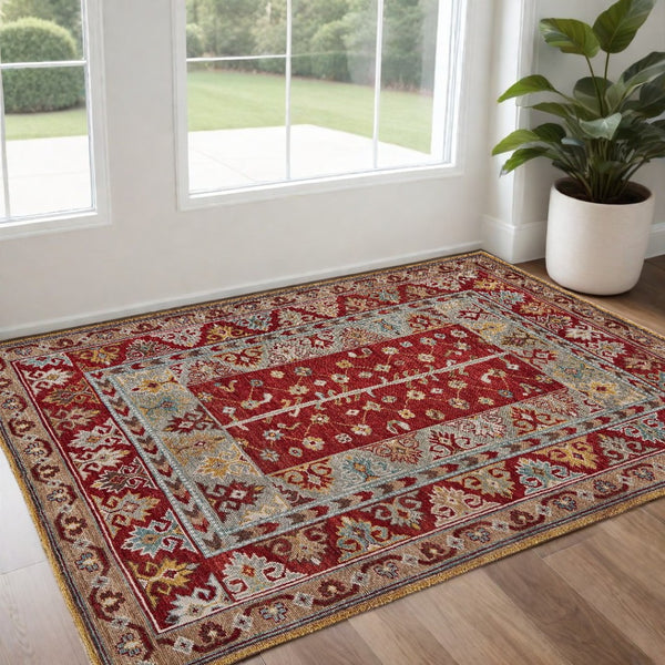 HomeRoots 5' Hand-Knotted Wool Floral Area Rug - Distressed Vintage Design, Stain-Resistant, Perfect for Any Room 2' X 3' 511608