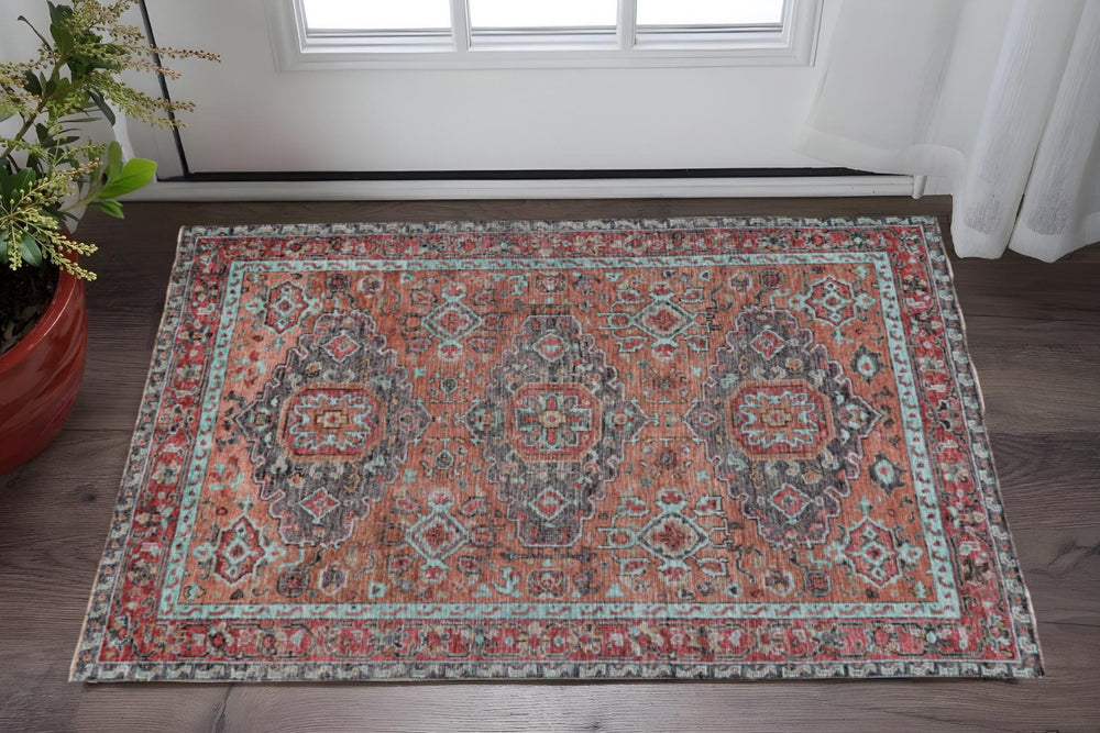 HomeRoots 5' Hand-Knotted Wool Floral Area Rug in Red, Orange, and Blue - Durable, Vintage Charm for Homes 2' X 3' 511615