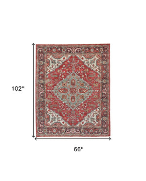 HomeRoots 5' Hand-Knotted Wool Floral Area Rug with Distressed Design, Stain-Resistant & Timeless Fringe Finish 5' X 8' 511617