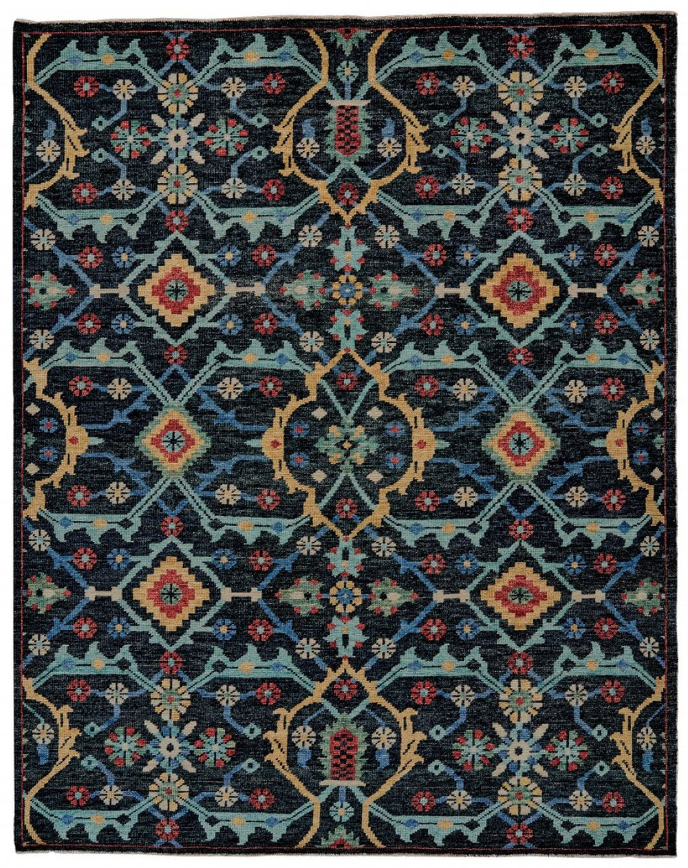 HomeRoots 2' Hand-Knotted Wool Tribal Area Rug in Black, Blue & Orange with Distressed Finish and Fringes 2' X 3' 511628