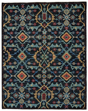 HomeRoots 2' Hand-Knotted Wool Tribal Area Rug in Black, Blue & Orange with Distressed Finish and Fringes 2' X 3' 511628