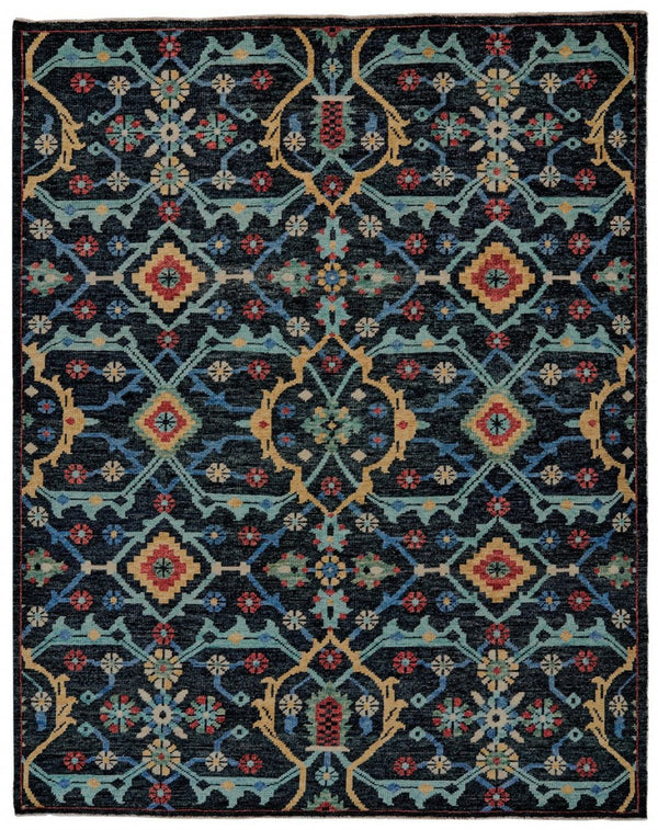 HomeRoots 2' Hand-Knotted Wool Tribal Area Rug in Black, Blue & Orange with Distressed Finish and Fringes 2' X 3' 511628