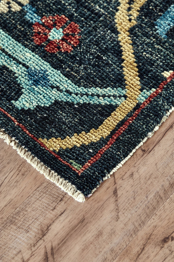 HomeRoots 2' Hand-Knotted Wool Tribal Area Rug in Black, Blue & Orange with Distressed Finish and Fringes 2' X 3' 511628