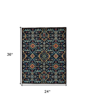 HomeRoots 2' Hand-Knotted Wool Tribal Area Rug in Black, Blue & Orange with Distressed Finish and Fringes 2' X 3' 511628