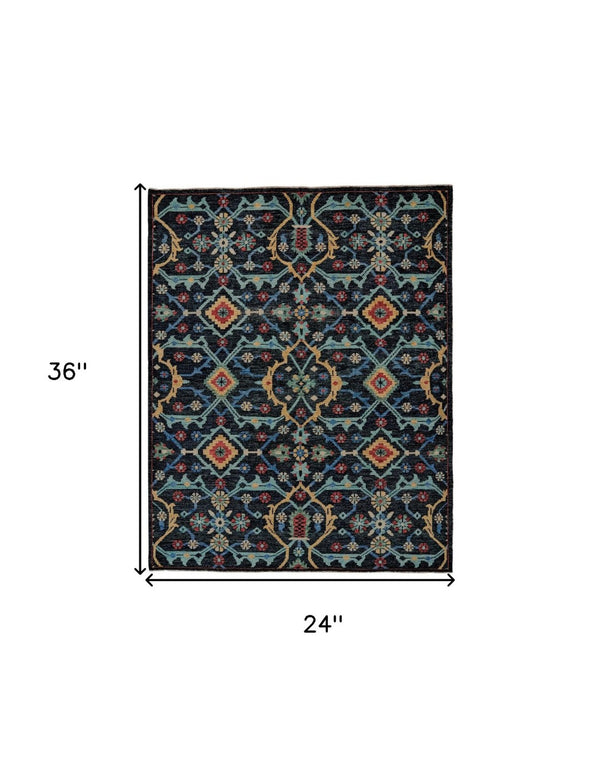 HomeRoots 2' Hand-Knotted Wool Tribal Area Rug in Black, Blue & Orange with Distressed Finish and Fringes 2' X 3' 511628