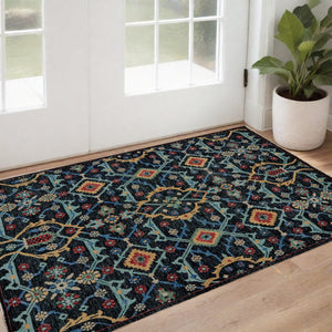 HomeRoots 2' Hand-Knotted Wool Tribal Area Rug in Black, Blue & Orange with Distressed Finish and Fringes 2' X 3' 511628