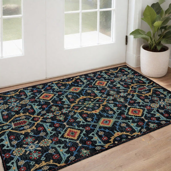 HomeRoots 2' Hand-Knotted Wool Tribal Area Rug in Black, Blue & Orange with Distressed Finish and Fringes 2' X 3' 511628