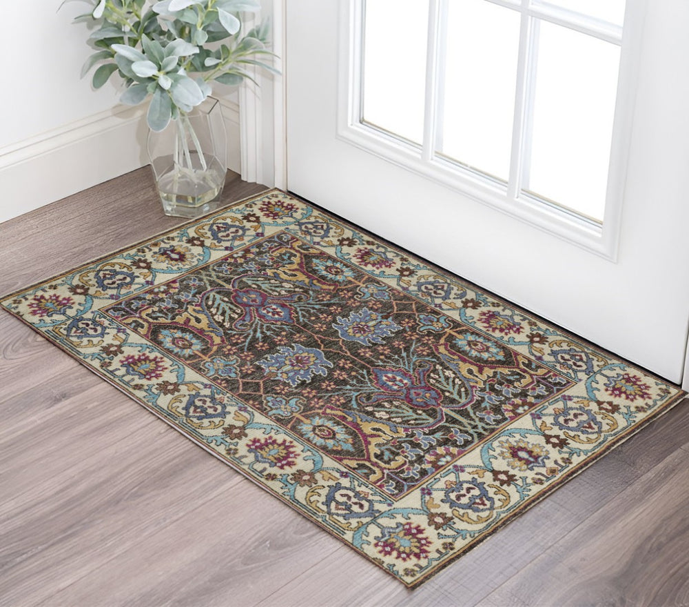 HomeRoots 2' Hand-Knotted Wool Area Rug in Ivory and Blue Floral Design - Distressed with Fringed Edges 2' X 3' 511635