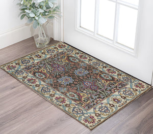 HomeRoots 2' Hand-Knotted Wool Area Rug in Ivory and Blue Floral Design - Distressed with Fringed Edges 2' X 3' 511635