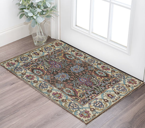 HomeRoots 2' Hand-Knotted Wool Area Rug in Ivory and Blue Floral Design - Distressed with Fringed Edges 2' X 3' 511635