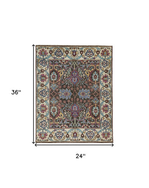 HomeRoots 2' Hand-Knotted Wool Area Rug in Ivory and Blue Floral Design - Distressed with Fringed Edges 2' X 3' 511635