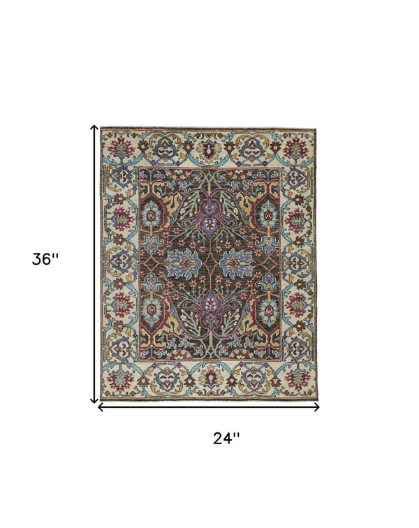 HomeRoots 2' Hand-Knotted Wool Area Rug in Ivory and Blue Floral Design - Distressed with Fringed Edges 2' X 3' 511635