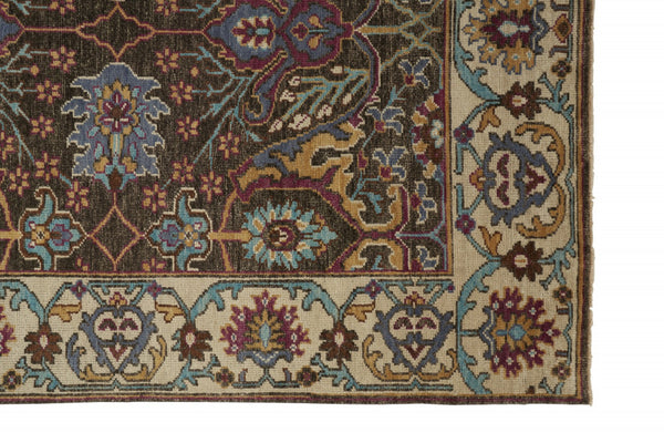 HomeRoots 2' Hand-Knotted Wool Area Rug in Ivory and Blue Floral Design - Distressed with Fringed Edges 2' X 3' 511635