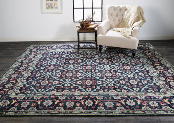 HomeRoots 8' Hand-Knotted Wool Floral Area Rug - Vintage-Style Blue Green Red Design, Stain-Resistant & Durable 8' X 10' 511638