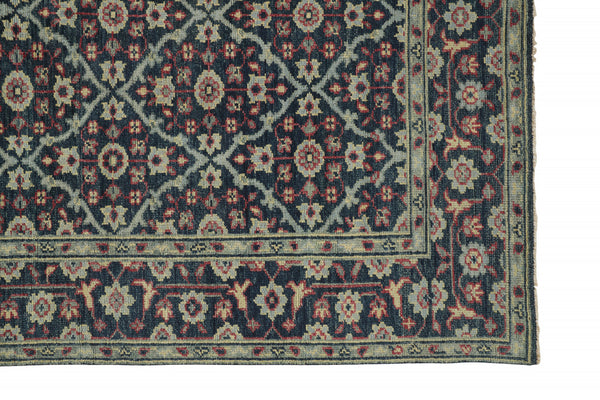 Homeroots 10' X 13' Blue Green And Red Wool Floral Hand Knotted Distressed Stain Resistant Area Rug With Fringe  Wool 511640