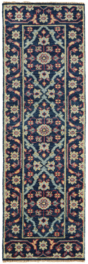 Homeroots 8' Blue And Green Wool Floral Hand Knotted Distressed Runner Rug With Fringe  Wool 511641